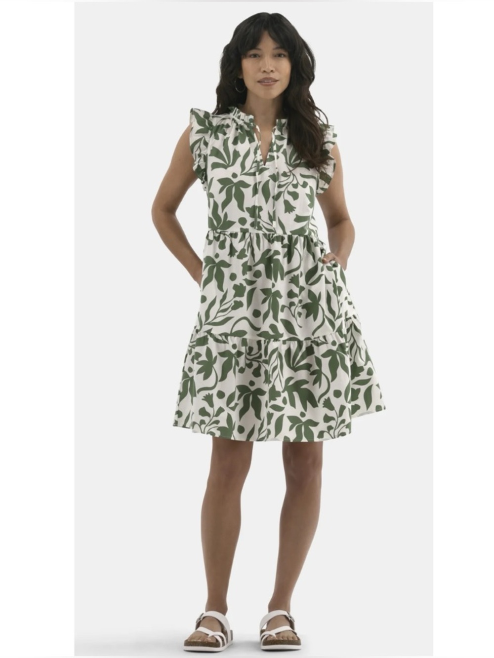 Time and Tru 100% Cotton Ruffle Flutter Sleeve Mini Dress with Pockets- S 4/6